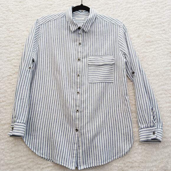 Blouse Size S Navy Linen Button-Up Stripe Preppy Coastal Classic Academia Cruise - Picture 1 of 16